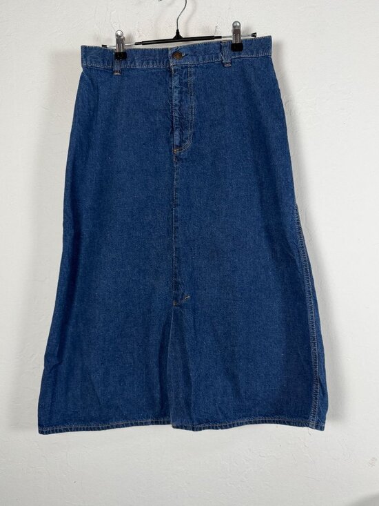 Levi's Dresses & Skirts - RARE Vintage Levis Denim Midi Skirt Farmers & Mechanics Patch Blue High-Waist 9
